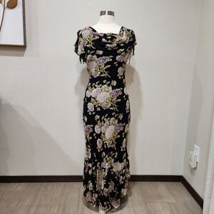 Vintage Y2K Maxi Dress Dark Floral Beading Drape Neck Bodycon Scoop Back size M